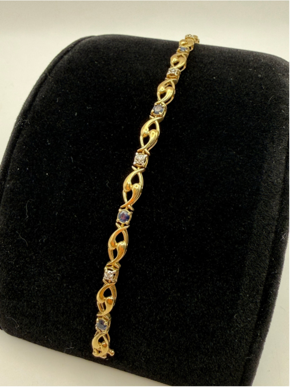 10K Yellow Gold Blue Gemstone Diamond Accent Link Bracelet 6.19g